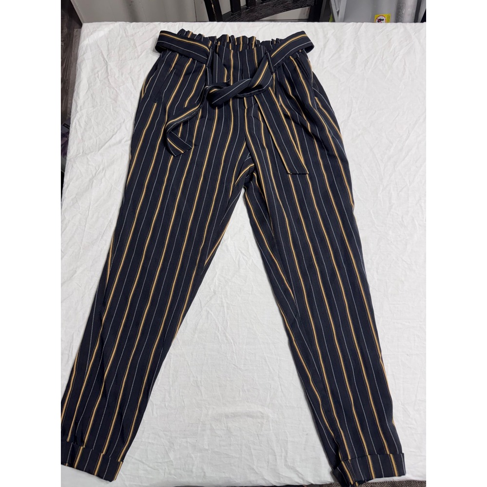 Charlotte Russe Striped Paperbag Waist Pants Black Gold White Small Tapered Leg